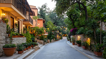 Fototapeta premium Narrow Cobblestone Street Lined With Buildings And Potted Plants Under Evening Lights
