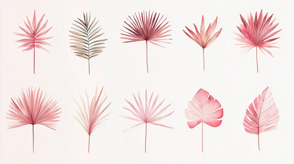 Hand-painted Palm Leaves Set in Soft Pink and Green Hues