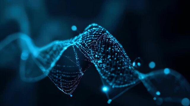 Futuristic glowing blue digital mesh forming an intricate interconnected network in a dark background. Concept of: technology, artificial intelligence, big data, connectivity, innovation, digital futu