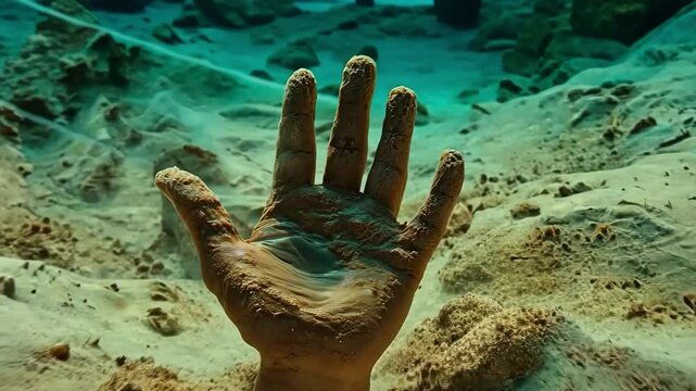 A hand buried in quicksand, attempting to escape, desert survival advice,