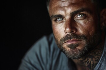 Fototapeta premium Portrait of a bearded man showing his tattoo on a dark background