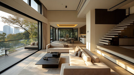 Fototapeta premium Modern, Spacious Living Area with City Views