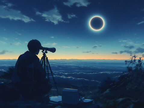 a silhouette of an artist looking through a telescope at night,