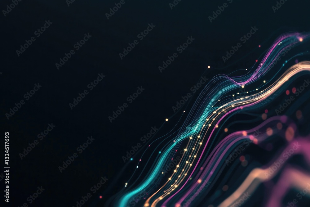 Poster creative and abstract visualization of data analytics represented by colorful lines and graphs on da