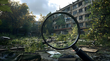Magnifying Glass Focuses On An Abandoned Building With Overgrown Vegetation During Daylight