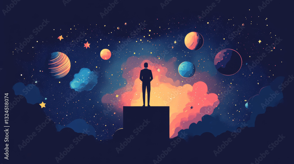 Poster abstract image of a business man standing behind rostrum in the form of a starry sky or space, consi