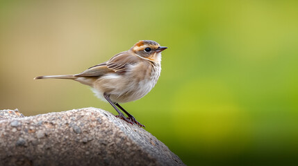 Rosy Pipit (Anthus roseatus) pale green with black stripe feathers in none breeding plumage perching on the rock over green blur background, beautiful bird