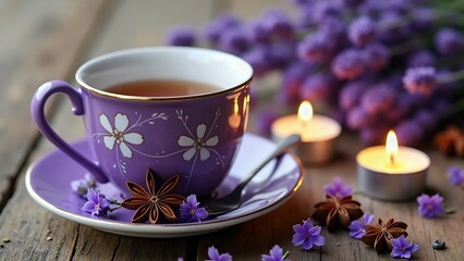 Fototapeta premium Purple cup of tea with floral design on a saucer with a lavender flowers scattered around it