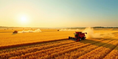 Fototapeta premium Golden Hour Harvest Agricultural Machinery in Action Across Vast Fields of Ripe Grain