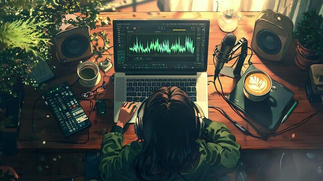 Woman working on music production at home studio, using laptop, midi keyboard, audio interface and headphones, Seamless looping time lapse animation video background, lo-fi art.
