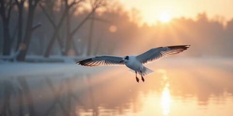Golden Hour Flight A Single Bird Soaring Over a Tranquil Winter Waterway at Dawn