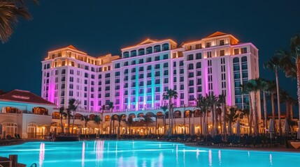 Enchanting illuminated hotel reflecting in the pool during the tranquil night