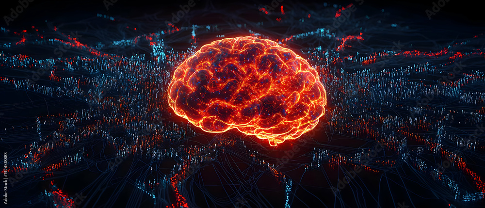 Poster glowing red and blue digital brain on dark pixelated background artificial intelligence visualizatio