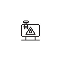 A tank icon with a warning symbol and a pipe. Represents hazardous liquid storage, industrial safety, or chemical processing. Simple line art design.