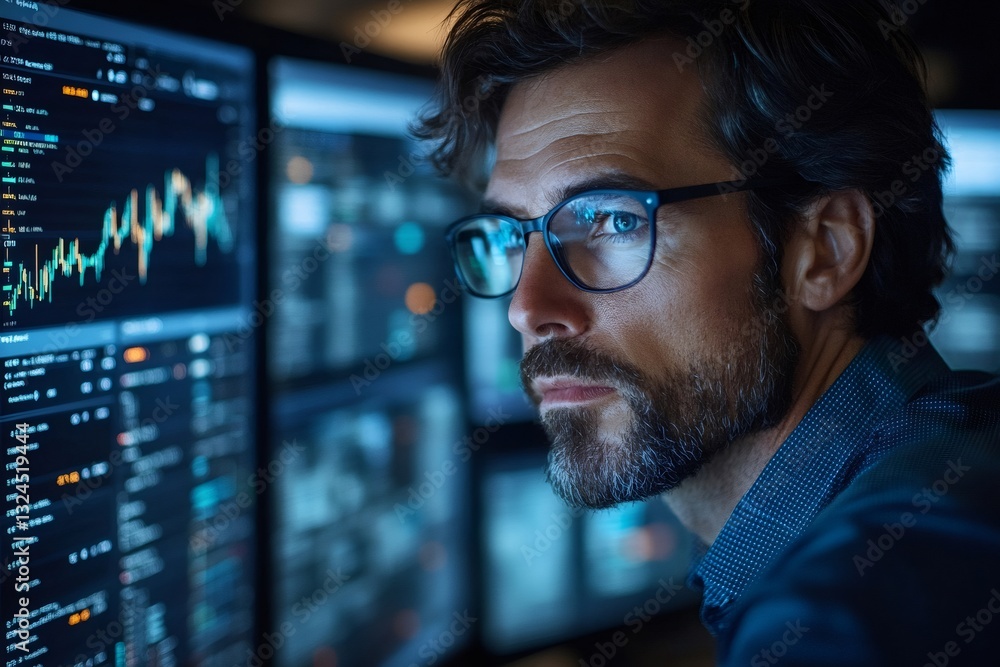 Poster financial analyst monitoring stock market data on multiple computer screens at night