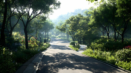 Obraz premium Sunlit Path Through Lush Green Park With Shadows And Trees During Summer Day