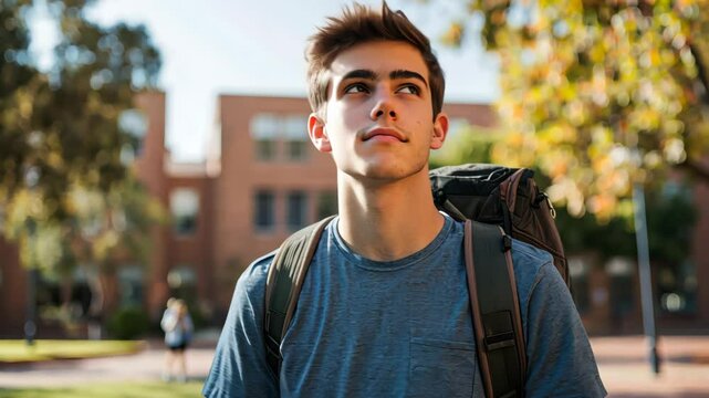 Reflective young man walking through sunny campus autumn