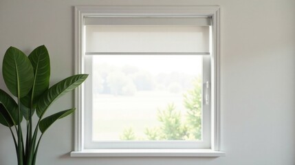 Fototapeta premium Serene Window View with Roller Shade and Lush Green Plant