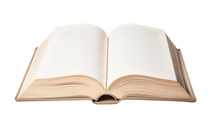 Open book with blank pages lying flat on table, cut out