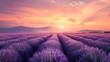 A magical field of lavender stretching endlessly under a pink and purple sunset