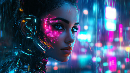 Naklejka premium Stunning Cybernetic Woman in Vibrant Neon City at Night