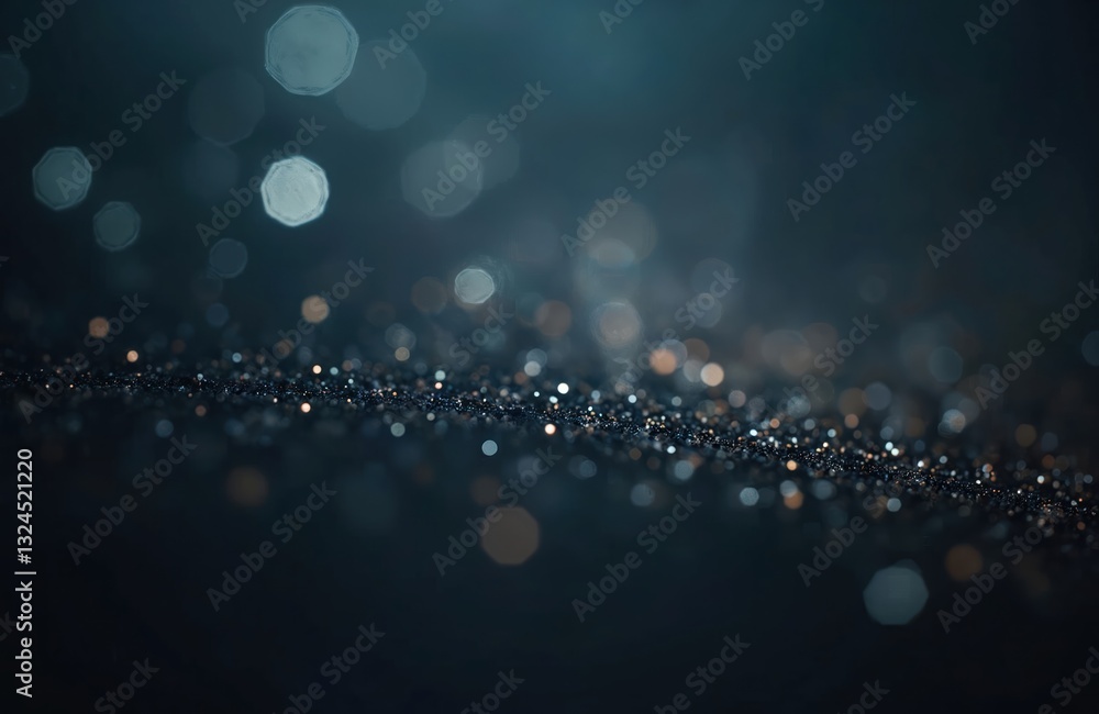 Aufkleber Macro photo of glitter dust with blurred bokeh background. Black, gold sparkle particles texture overlay effect with copy space for text. Festive elegant abstract backdrop for design, holiday banner.