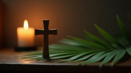 Warm candlelit glow framing Palm Sunday reverence and a Cross made of palm leaves on a prayer seat