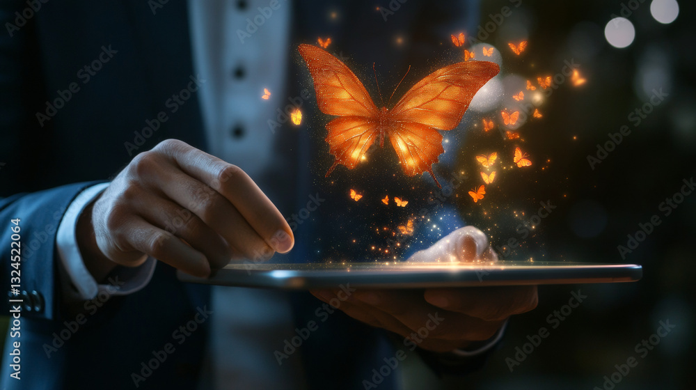 Poster abstract digital butterfly flying out from tablet computer. the businessman holds the device and tap