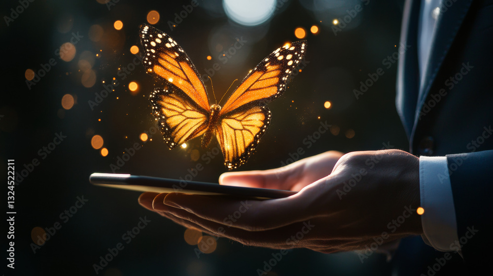 Aufkleber abstract digital butterfly flying out from tablet computer. the businessman holds the device and tap