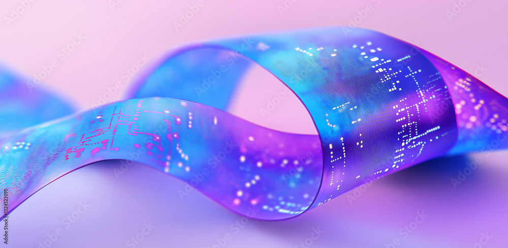 Poster blue ribbon with digital patterns – ai & blockchain in banking and nature, flowing data effect, bina