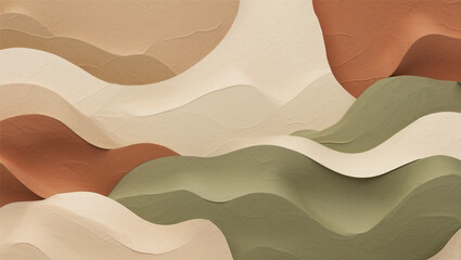 Minimalist nature-inspired background with soft organic shapes in warm beige, terracotta, and soft olive green. Flowing patterns resemble sand dunes or watercolor strokes with a subtle grainy paper