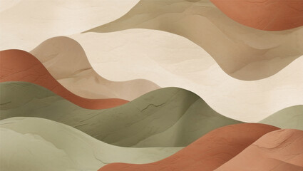 Minimalist nature-inspired background with soft organic shapes in warm beige, terracotta, and soft olive green. Flowing patterns resemble sand dunes or watercolor strokes with a subtle grainy paper