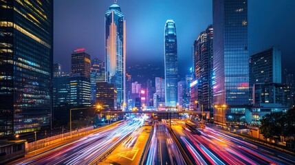 Fototapeta premium Night cityscape with light trails on highway.