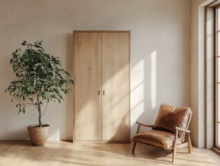 Light-filled room, oak wardrobe, leather chair, plant, sunlit interior, home design, calm atmosphere, interior design