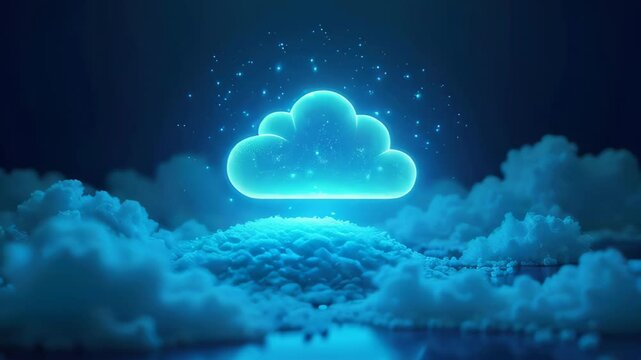 Bright blue glowing AI cloud storage icon floating against a dark background, symbolizing digital technology. Concept of: artificial intelligence, data storage, cybersecurity, cloud computing, innovat