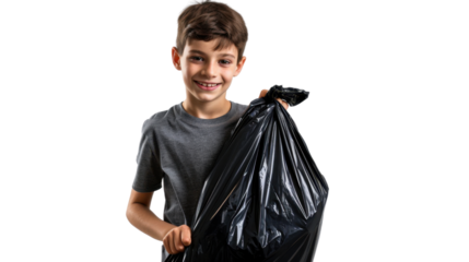 Smiling boy holding large trash bag on transparent background