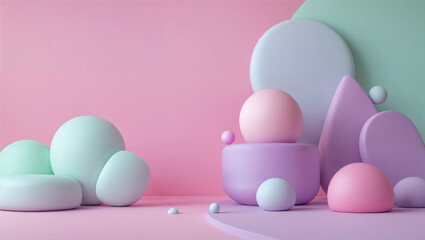 Playful and youthful background with bright pastel pink, soft mint, and light lavender. Soft, bubbly shapes and rounded geometric elements add a whimsical touch while keeping the design clean