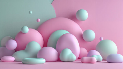 Playful and youthful background with bright pastel pink, soft mint, and light lavender. Soft, bubbly shapes and rounded geometric elements add a whimsical touch while keeping the design clean