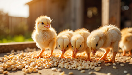 Charming baby chicks pecking grain on rustic farm, joyful abundance