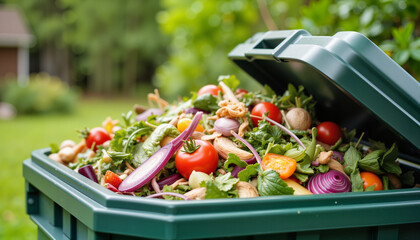 Fresh kitchen scraps in green compost bin, backyard composting
