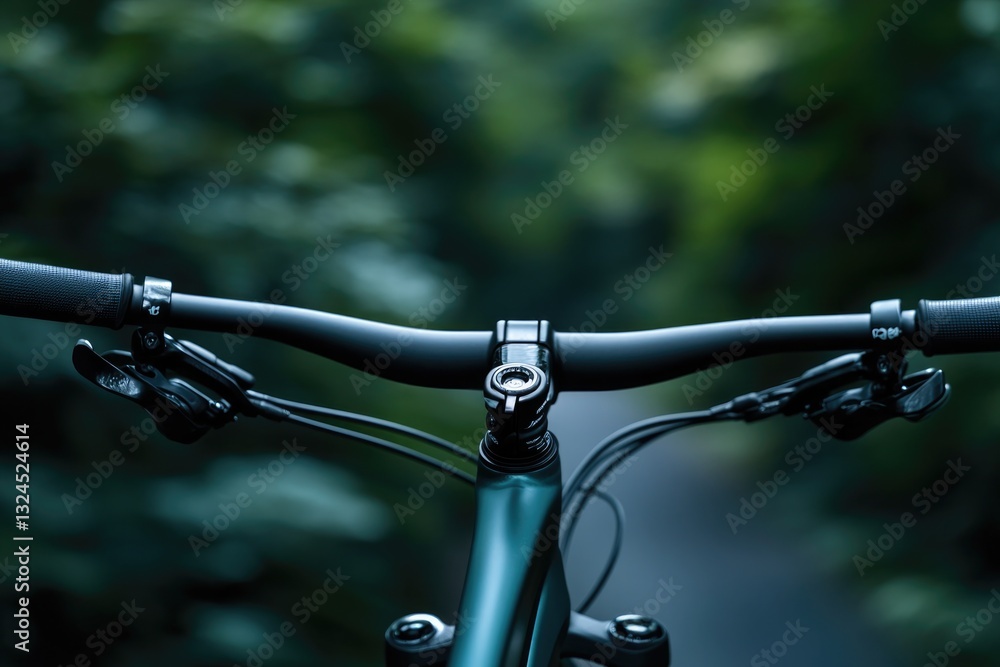 Poster dynamic close-up of bicycle handlebars and gear shifters positioned against natural blurred backgrou