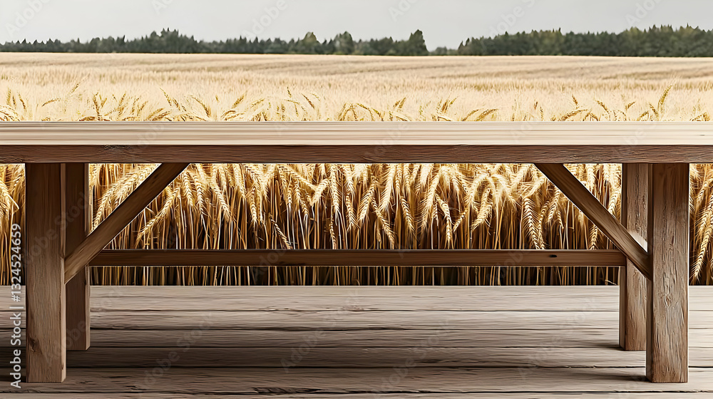 Poster wooden table displaying wheat field in daylight with textured surface and brown colors