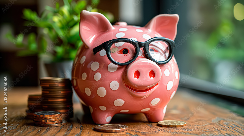 Poster pig wearing glasses sits on a table with a pile of coins. the pig is smiling and he is a fun and qui