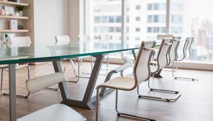 Modern glass-top conference table in bright office setting, collaboration