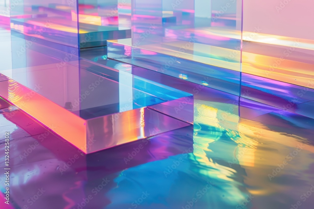 Poster reflections and colors dance on the surface of water in a vivid display of light and shapes during a