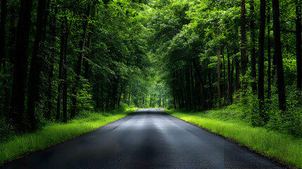Obraz premium Wet Asphalt Road Leading Through Dense Green Forest with Sunlight and Lush Foliage