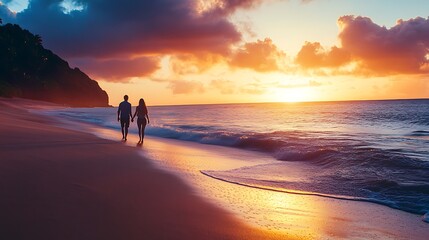 Fototapeta premium A couple walks along the beach during a colorful sunset
