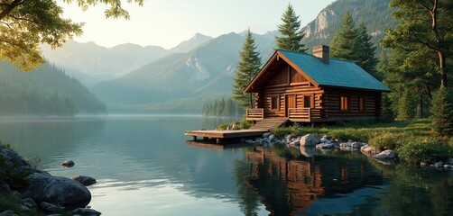 Log cabin on calm lake surrounded by forest and high mountains. Natural landscape features lake shore with wooden pier for fishing, cabin rent. Summer vacation in pure nature.