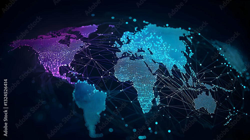 Poster abstract digital world map with blue and purple pixelated data connections on dark background