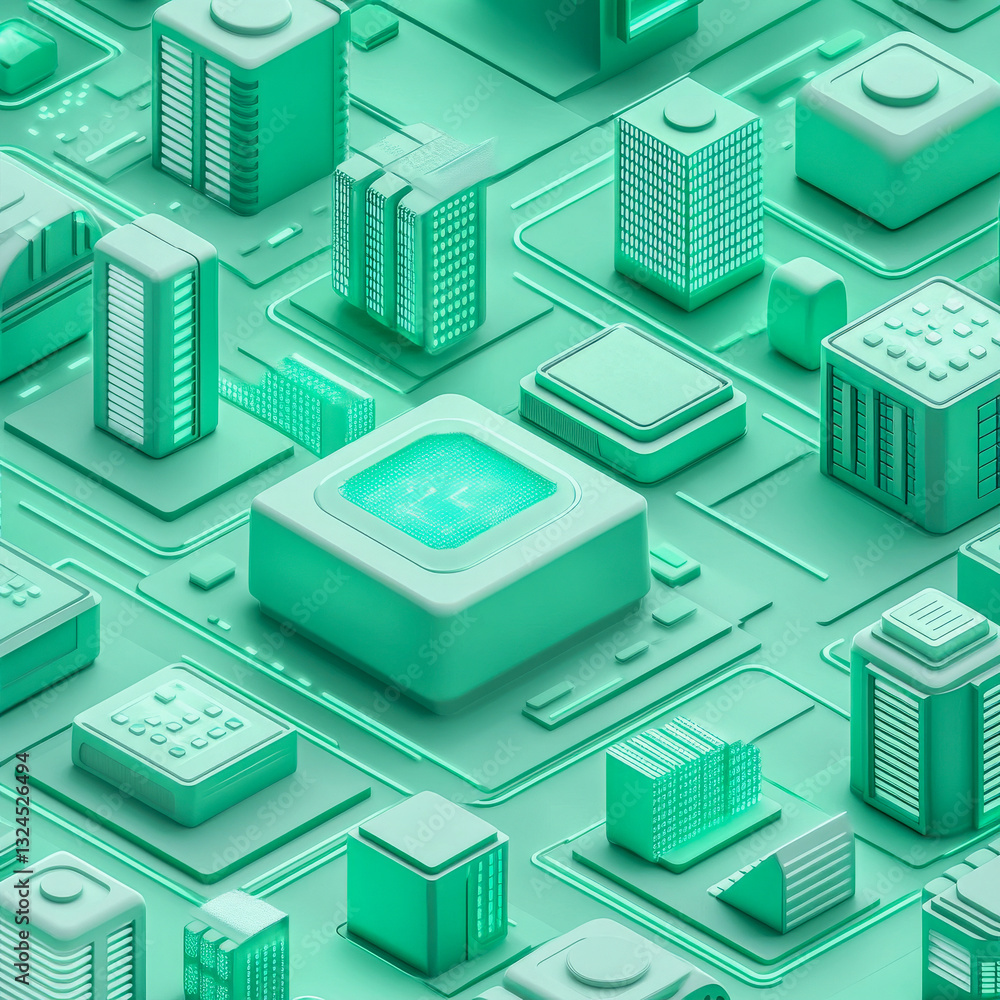 Poster futuristic isometric data center in mint green with glowing circuits and high-tech buildings. abstra